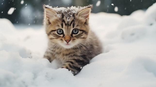 Cute kitten playing in the snow closeup shot. Winter photo for a pet store advertising