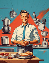 A vintage poster featuring a businessman promoting Home appliance and kitchen equipment. Perfect for retro advertising and business concepts. - obrazy, fototapety, plakaty