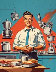 Poster A vintage poster featuring a businessman promoting Home appliance and kitchen equipment. Perfect for retro advertising and business concepts. © ipolstock