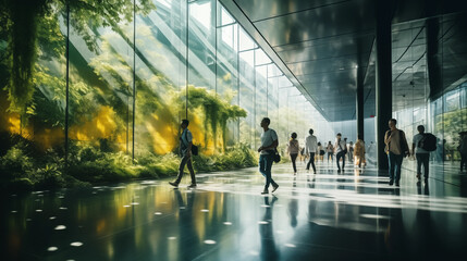 people walking in the hall with plants