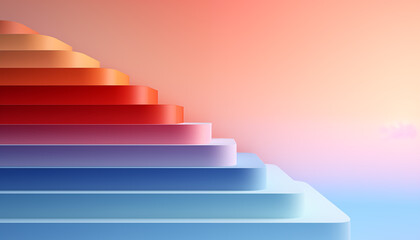 Abstract minimalistic wallpaper for business presentations. Stacked staircase of colorful plates. Concept of success. 