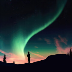 Silhouette of a person looking at the Northern Lights