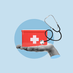 Hand with first aid box, ambulance, healthcare, doctor's hand, holding a portable first aid kit,...
