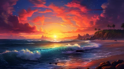 Foto op Canvas Pum pum in sea beach with sunset wallpaper painting Ai generated illustration © Arabindu