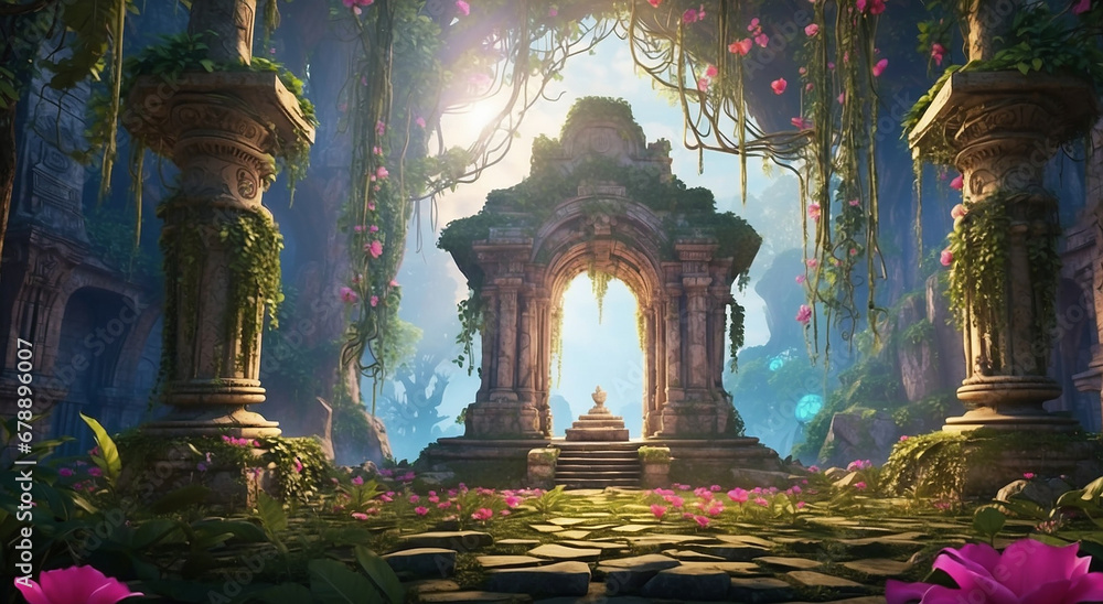 Poster an otherworldly image of a mystical, overgrown, and ancient temple hidden within an enchanted jungle