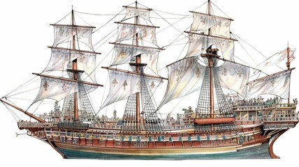 Pure white background watercolor clipart ship Ai generated Realistic art