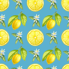 Seamless watercolor lemon pattern on the blue background. Hand drawn watercolor pattern with lemons and lemon flowers.