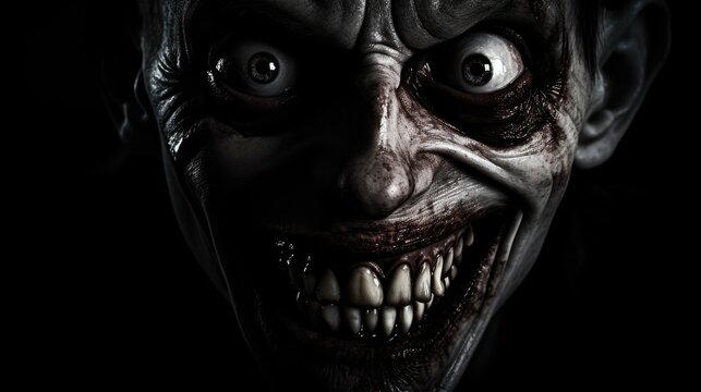 A creepy smile in the dark. A scary face stares out of the darkness. Close up shot. Demonic horrific.