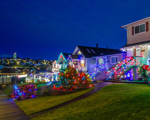 Vancouver, Canada, December 26, 2022: House Decorated and Lighted for Christmas at Night.
