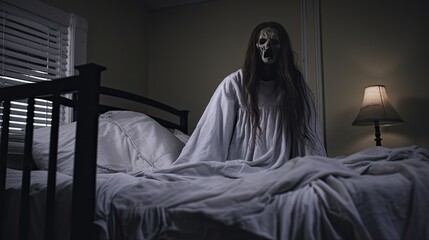 The creepy creature is lying on the bed. Grim image of a scary undead creature.
