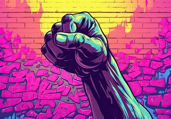 Fototapeta A clenched fist is raised upward. A symbol of protest, rebellion and strength. Fighting and freedom concept. Human arm. Digital art. Illustration for banner, poster, cover, brochure or presentation. obraz