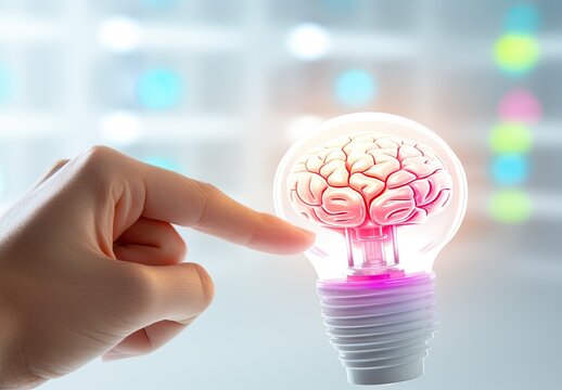 A lightbulb with a glowing brain inside. Conceptual visualization of innovative thinking, the power of intelligence, and idea creation. Birth of a thought. Illustration for varied design.
