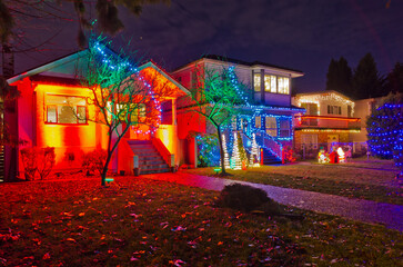 Vancouver, Canada, December 26, 2022: House Decorated and Lighted for Christmas at Night.