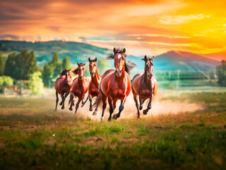 Horses run gallop on the field at sunset. Nature background