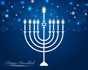 Happy Hanukkah, Jewish Holiday Background.Bright shining blue background with Menorah and text "Happy Hanukkah".Vector illustration. 