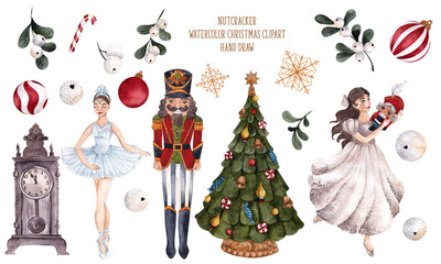 Watercolor clipart with Christmas toys of Nutcracker, soldier, ballerina, princess, clock, tree, snowflakes, gifts and flowers, isolated on white background