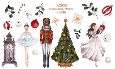 Watercolor clipart with Christmas toys of Nutcracker, soldier, ballerina, princess, clock, tree, snowflakes, gifts and flowers, isolated on white background © марина васильева