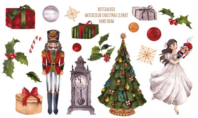 Watercolor clipart with Christmas toys of Nutcracker, soldier, ballerina, princess, clock, tree, snowflakes, gifts and flowers, isolated on white background