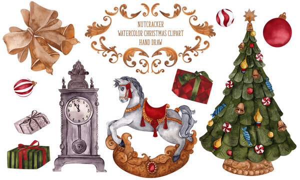 Watercolor clipart with Christmas toys of Nutcracker, soldier, ballerina, princess, clock, tree, snowflakes, gifts and flowers, isolated on white background