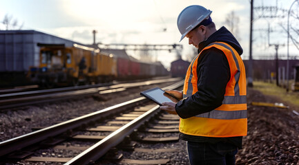 Digital Inspection. A railway worker in a high-visibility vest reviews data on a tablet trackside - obrazy, fototapety, plakaty