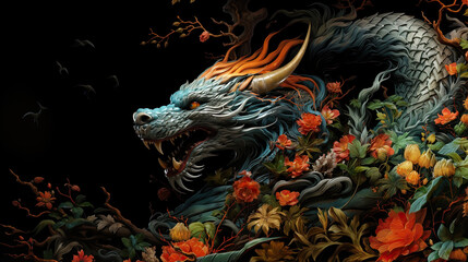 Fototapeta na wymiar Festive colorful Asian dragon on black background