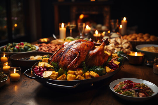 A festive holiday feast with a diverse family, each member bringing their cultural dishes to complement the golden turkey, symbolizing unity through food.