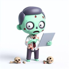3d zombie human character with tablet computer