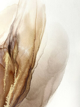 Abstract orange fluid art on canvas with gold &mdash; natural transparent background. Beautiful smudges and stains made with alcohol ink. Yellow painting texture resembles watercolor or aquarelle.
