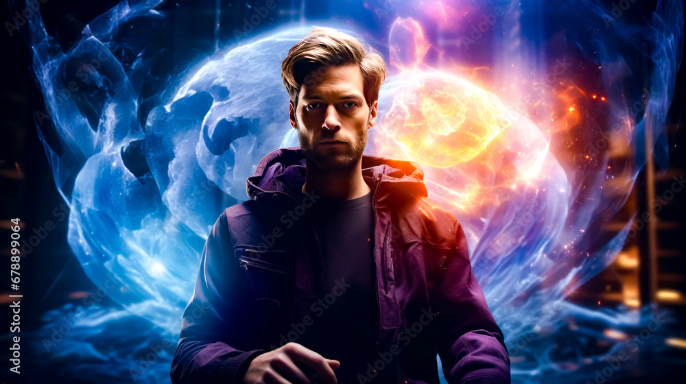 Aufkleber man standing in front of space filled with stars and planet.