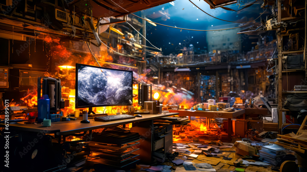 Poster computer monitor sitting on top of desk in front of fire.