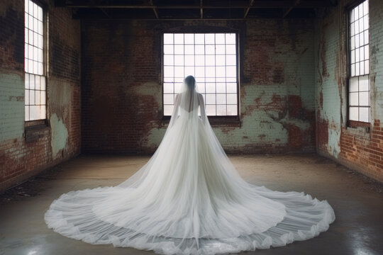 Back view of a bride in an abandoned warehouse, white dress, elegance, brick walls