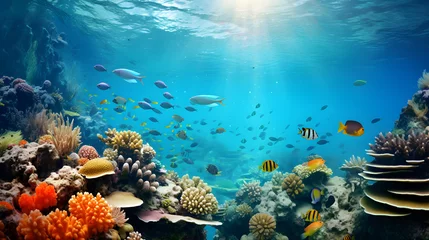 Fototapeten Tropical sea underwater fishes on coral reef. Aquarium oceanarium wildlife colorful marine panorama landscape nature snorkel diving © petrrgoskov