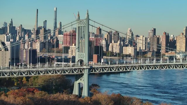 Drone shot of New York City on a fall morning. Shot in Astoria, Queens alongside the RFK Bridge.