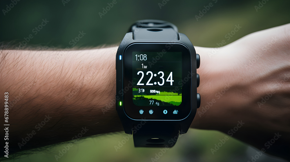 Wall mural man using a digital smartwatch during workout. close up view of mans hand checking an app in smartwa