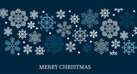 Fototapeta premium Merry Christmas and Happy New Year festive design with border made of beautiful snowflakes in modern line art style. Winter dark blue background with falling snow. Xmas decoration. Vector illustration