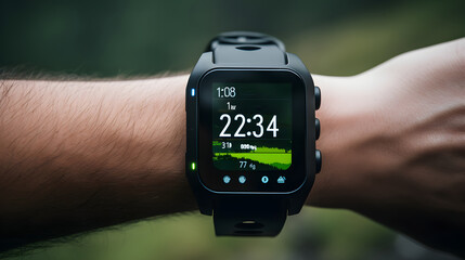 Man using a digital smartwatch during workout. Close up view of mans hand checking an app in smartwatch. Close-up of a clock that shows cardiogram, steps, kilometers and bpm. - Powered by Adobe
