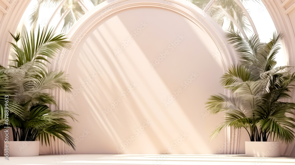 Poster white arch with palm trees on the sides of it and shadow of palm tree on the other side of the arch.