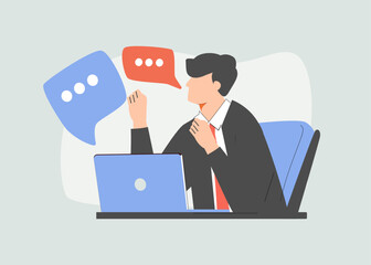 Vector illustration of happy male worker or businessman completed task and triumphing at his laptop, workplace. Success