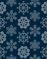 Merry Christmas and Happy New Year festive seamless pattern design. Winter dark blue background with falling snowflakes. Xmas decoration. Vector illustration.