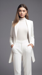 Fashion shot of a European female model. Beautiful girl wearing white silk jacket and trousers. Soft light fashion shoot for commercial photography.