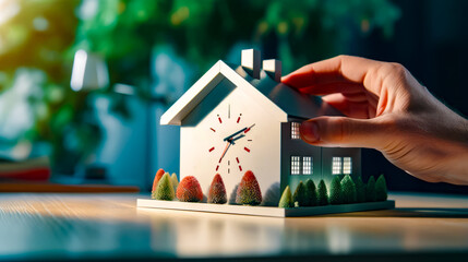 Person holding small house shaped like house with clock on it. - obrazy, fototapety, plakaty