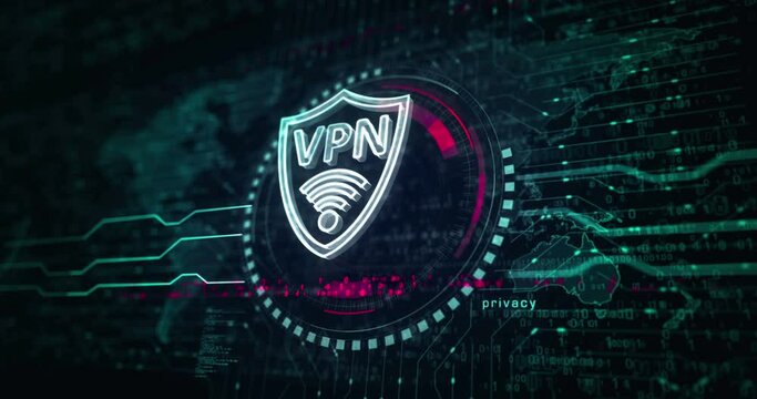 VPN virtual private network communication symbol abstract digital concept. Global cyber technology background seamless and looped 3d animation.