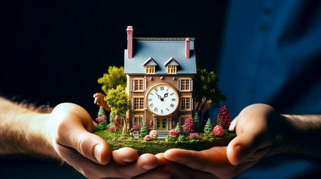 Person holding small house with clock in it's hands.