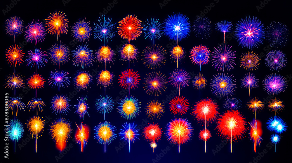 Poster large collection of fireworks on dark background with place for text.