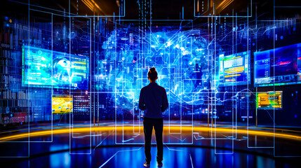 Man standing in front of large display of digital images in dark room.