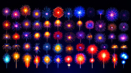 Large collection of fireworks on dark background with place for text.