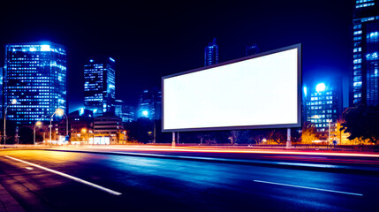 Empty billboard on the side of the road in city at night.