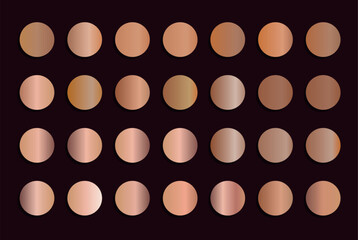 Set of gold rose foil texture. Collection of pink metallic textures isolated on black background. Vector illustration