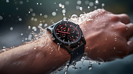 Waterproof smartwatch on mans hand with water splashes around. Water sprayed on the Smart watch. Smart watch waterproof test. - obrazy, fototapety, plakaty