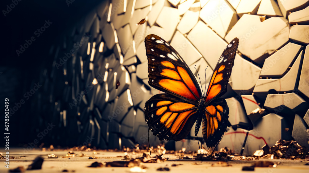 Poster close up of butterfly on table with mirror in the background.